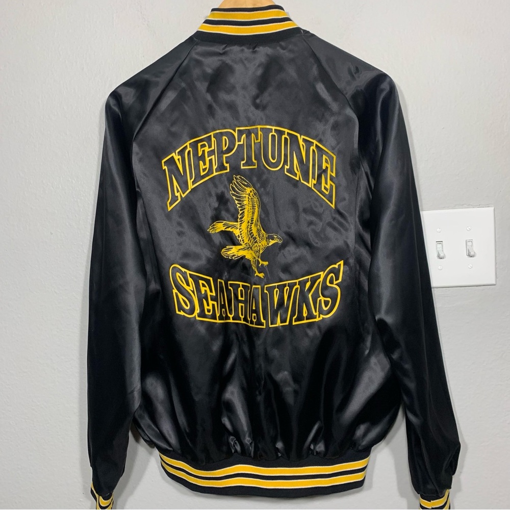 Vintage 90s Neptune Seahawks Black/Yellow Satin Nylon Varsity Bomber Jacket Lrg